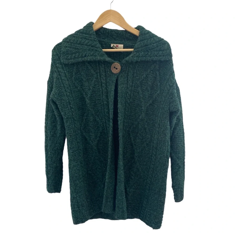 Carraig Donn Green Irish Aran Cable Knit Wool Sweater Jacket Medium - Picture 3 of 6